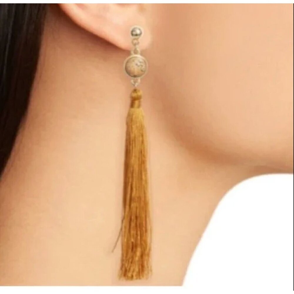 NWT Uncommon James Strawberry Fields Straw Jasper Tassel Pierced Earrings 4"